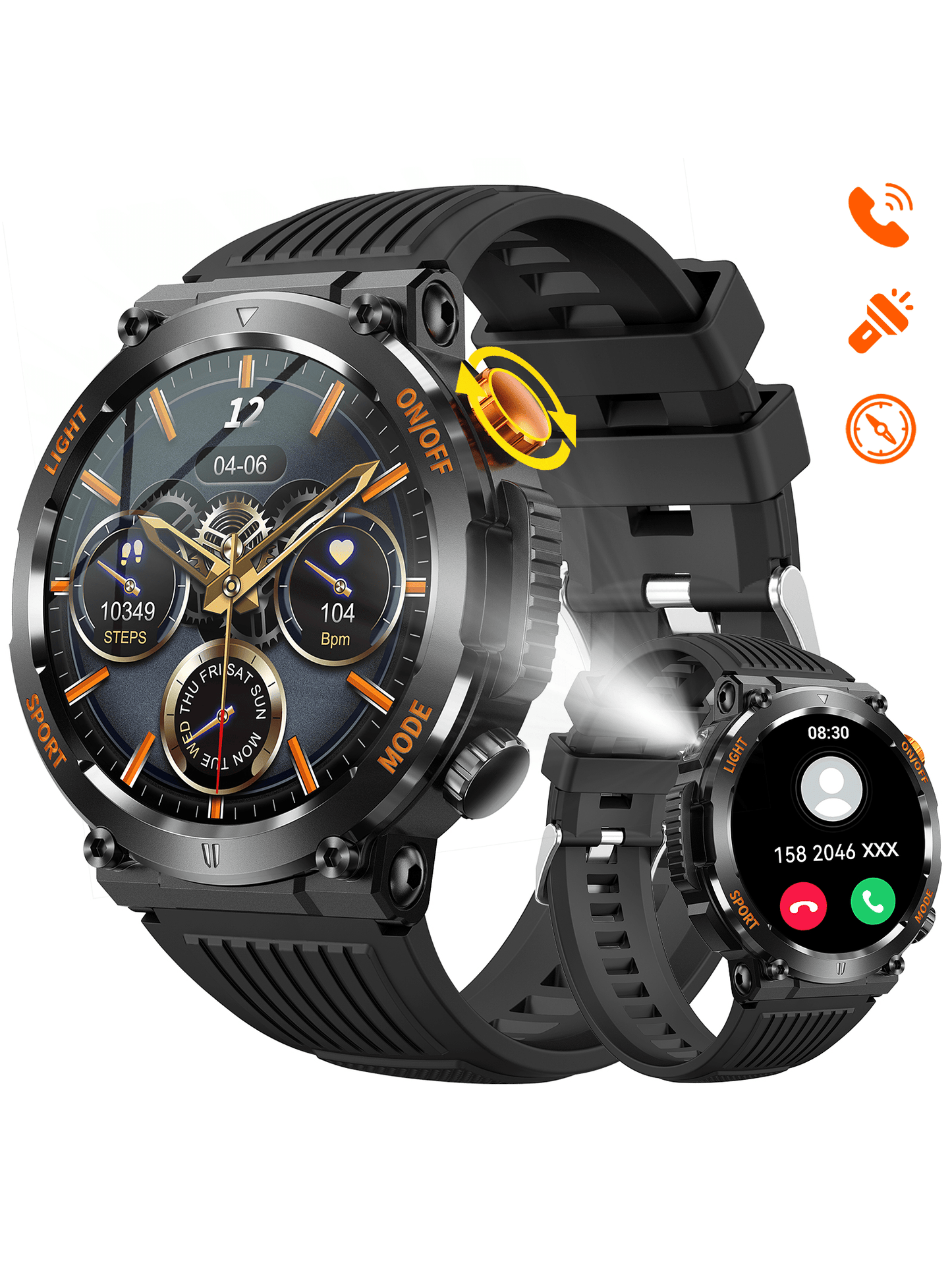 1pc Black Round  Smart Watch for Men with LED Flashlight/ Compass 1.46" HD Fitness Tracker Watch with Calling Rugged Outdoor Sports Smartwatch with Heart Rate Sleep Monitor Compatible With Iphone Android