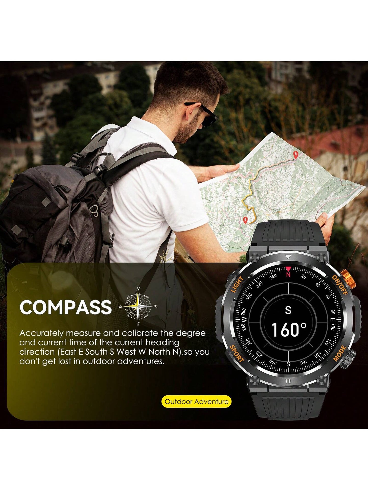 1pc Black Round  Smart Watch for Men with LED Flashlight/ Compass 1.46" HD Fitness Tracker Watch with Calling Rugged Outdoor Sports Smartwatch with Heart Rate Sleep Monitor Compatible With Iphone Android