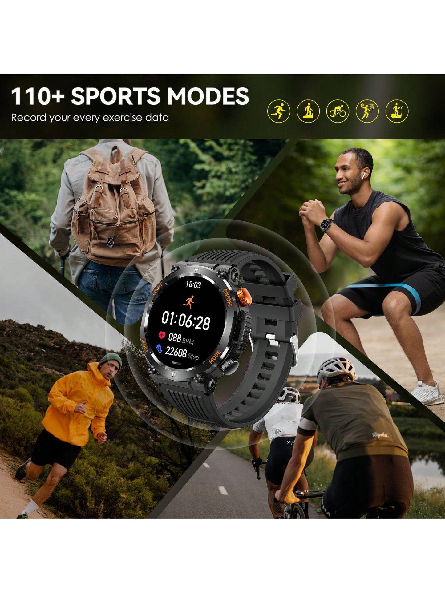 1pc Black Round  Smart Watch for Men with LED Flashlight/ Compass 1.46" HD Fitness Tracker Watch with Calling Rugged Outdoor Sports Smartwatch with Heart Rate Sleep Monitor Compatible With Iphone Android