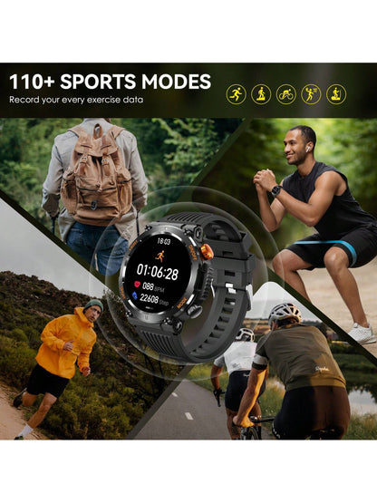 1pc Black Round  Smart Watch for Men with LED Flashlight/ Compass 1.46" HD Fitness Tracker Watch with Calling Rugged Outdoor Sports Smartwatch with Heart Rate Sleep Monitor Compatible With Iphone Android