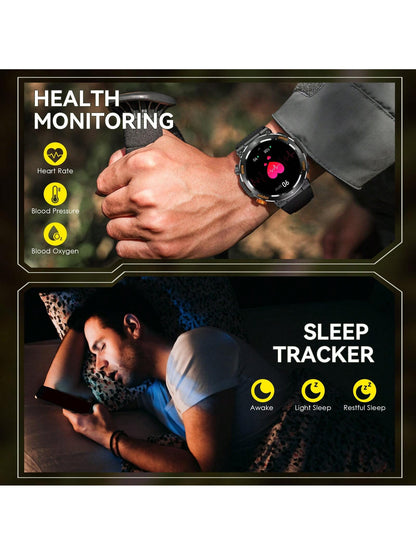 1pc Black Round  Smart Watch for Men with LED Flashlight/ Compass 1.46" HD Fitness Tracker Watch with Calling Rugged Outdoor Sports Smartwatch with Heart Rate Sleep Monitor Compatible With Iphone Android