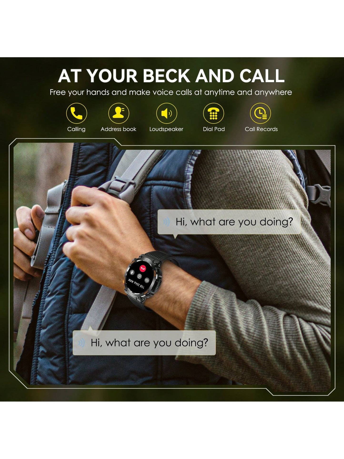 1pc Black Round  Smart Watch for Men with LED Flashlight/ Compass 1.46" HD Fitness Tracker Watch with Calling Rugged Outdoor Sports Smartwatch with Heart Rate Sleep Monitor Compatible With Iphone Android