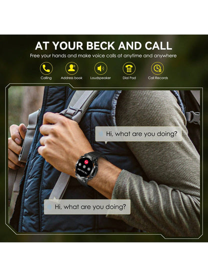 1pc Black Round  Smart Watch for Men with LED Flashlight/ Compass 1.46" HD Fitness Tracker Watch with Calling Rugged Outdoor Sports Smartwatch with Heart Rate Sleep Monitor Compatible With Iphone Android