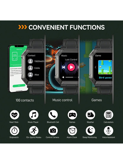 1pc Black Square Smart Watch for Men Fitness Tracker (Make/Answer Call) Smartwatch Compatible With Android Phones iPhone Waterproof Outdoor Digital Sport Run Watches Step Counter Heart Rate Monitor