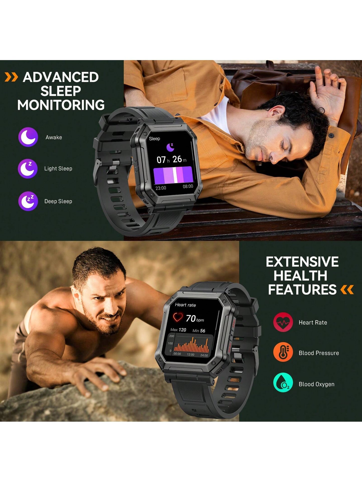 1pc Black Square Smart Watch for Men Fitness Tracker (Make/Answer Call) Smartwatch Compatible With Android Phones iPhone Waterproof Outdoor Digital Sport Run Watches Step Counter Heart Rate Monitor