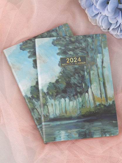 1pc 2024 A5 English Agenda Book With Colorful Cover, Slim Week Planner, Watercolor Oil Painting Notebook