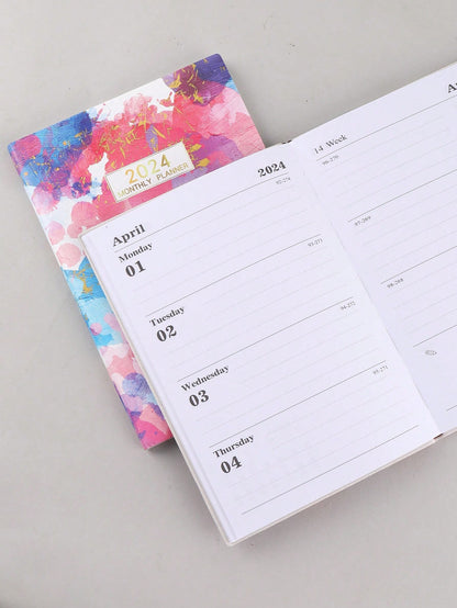 1pc 2024 A5 English Agenda Book With Colorful Cover, Slim Week Planner, Watercolor Oil Painting Notebook