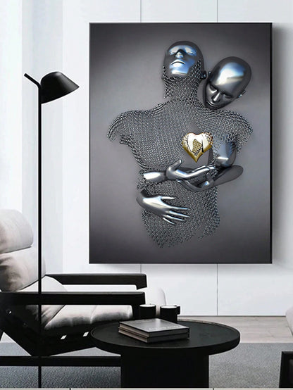 1pc Unframed Black & Gold Love Figure Statue Painting Modern Art Poster For Living Room Home Wall Decor