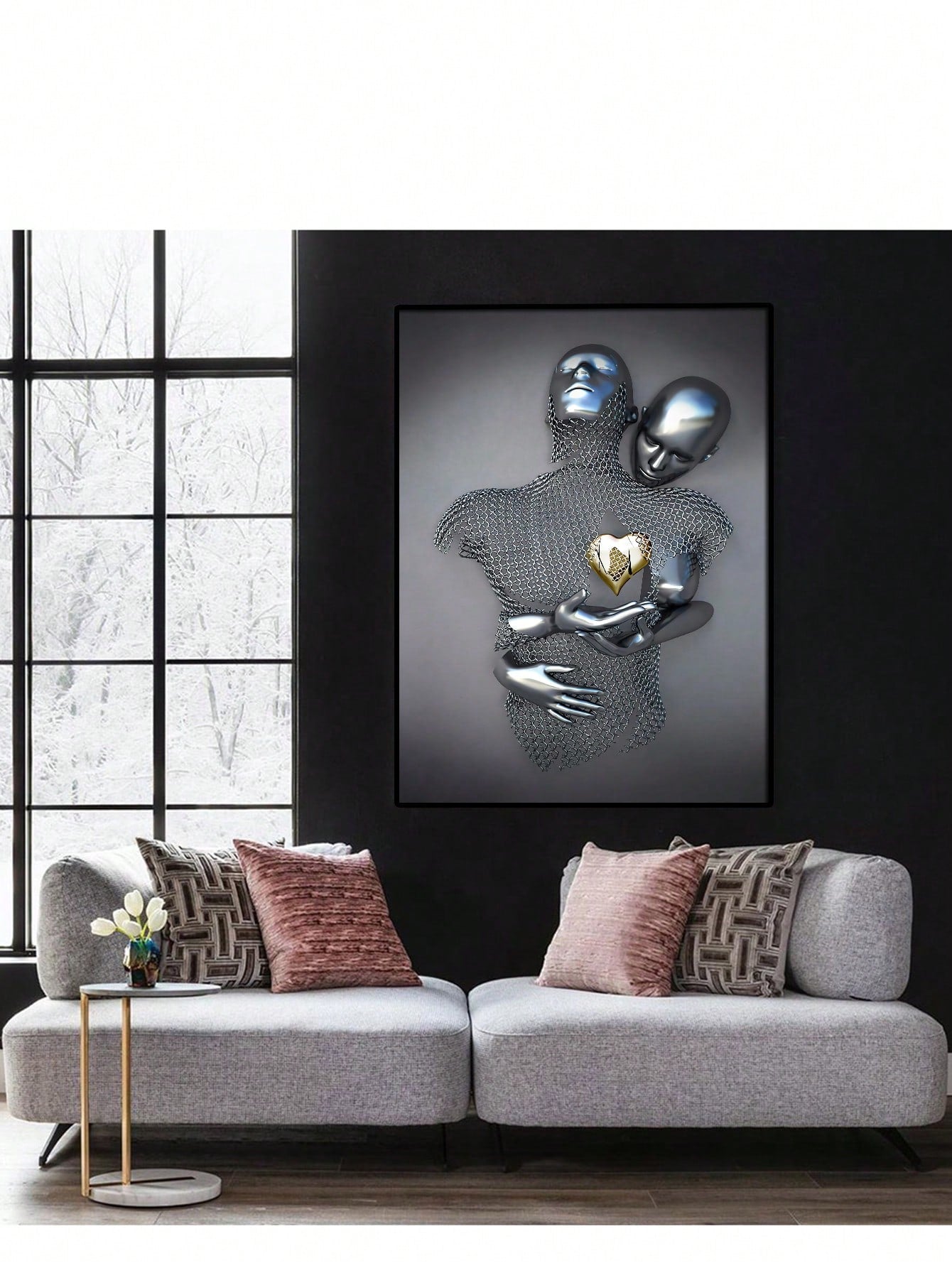 1pc Unframed Black & Gold Love Figure Statue Painting Modern Art Poster For Living Room Home Wall Decor