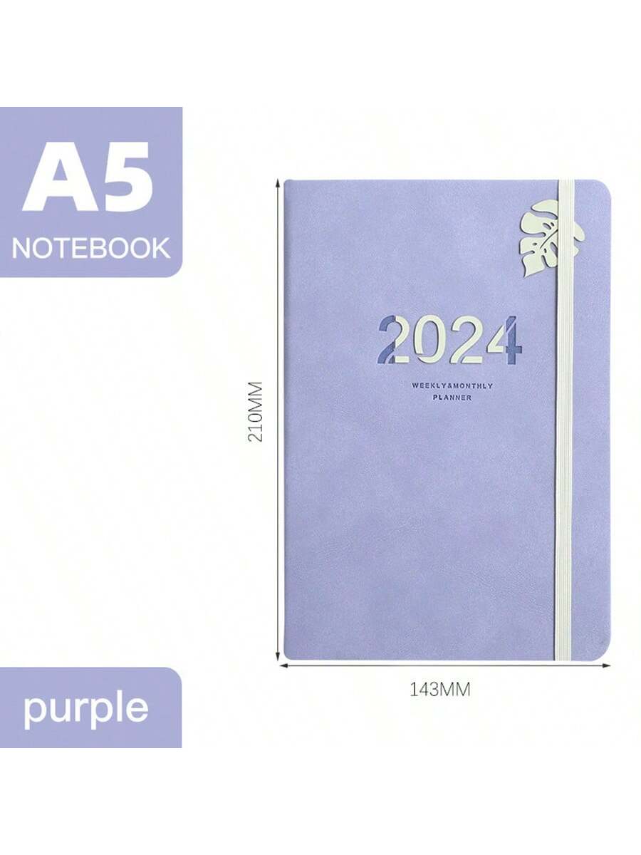 1pc 2024 Planner English Daily Schedule A5 Notebook With Elastic Band, Pen Holder, Hard Cover, Yearly & Monthly Plan