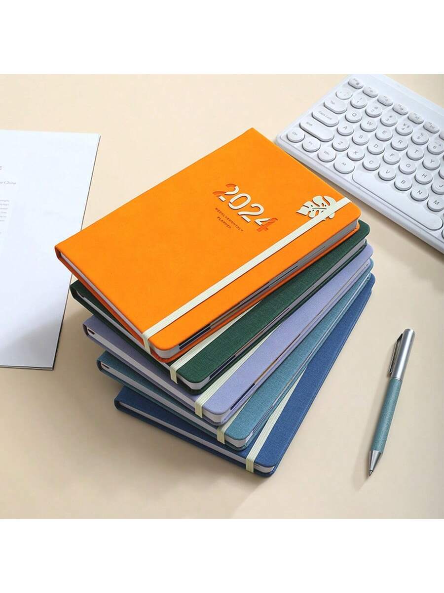 1pc 2024 Planner English Daily Schedule A5 Notebook With Elastic Band, Pen Holder, Hard Cover, Yearly & Monthly Plan