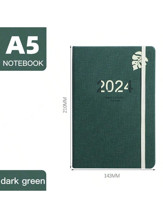 1pc 2024 Planner English Daily Schedule A5 Notebook With Elastic Band, Pen Holder, Hard Cover, Yearly & Monthly Plan