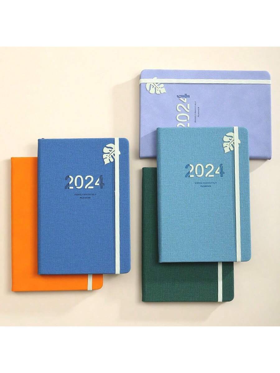 1pc 2024 Planner English Daily Schedule A5 Notebook With Elastic Band, Pen Holder, Hard Cover, Yearly & Monthly Plan