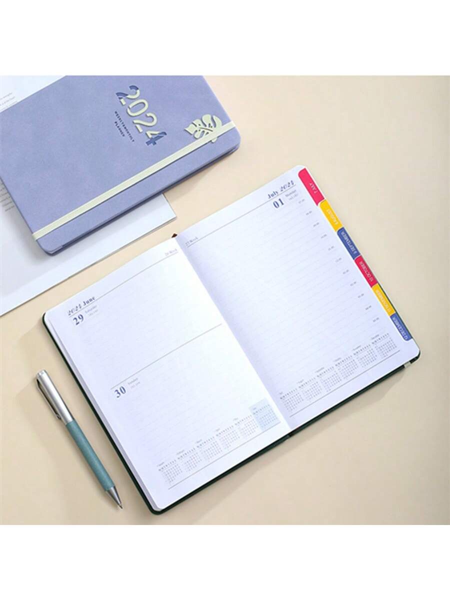 1pc 2024 Planner English Daily Schedule A5 Notebook With Elastic Band, Pen Holder, Hard Cover, Yearly & Monthly Plan