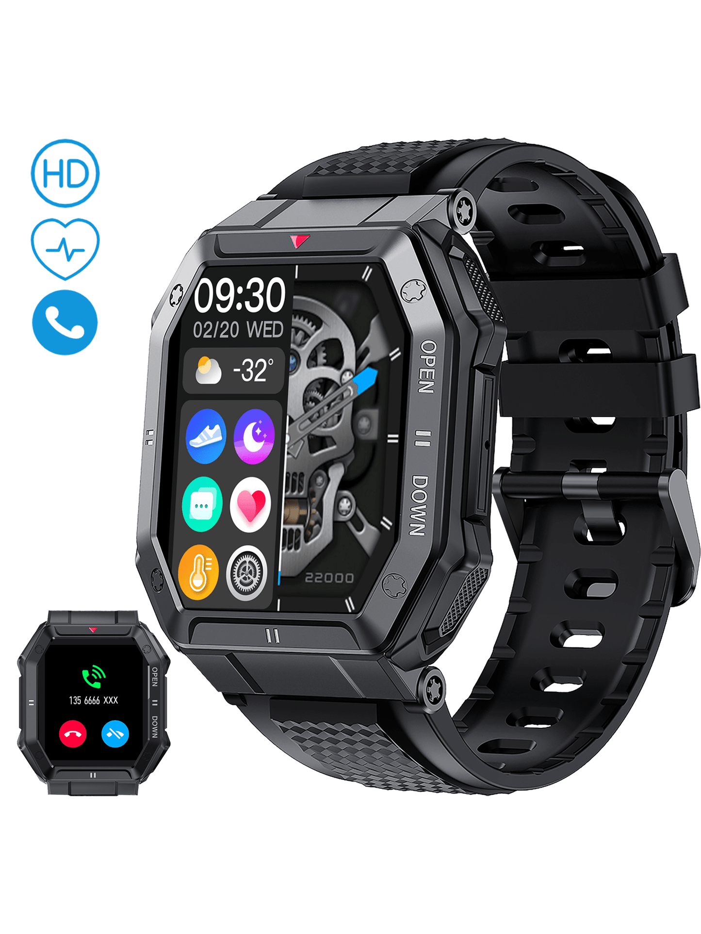 1pc Smart Watch for Men (Answer/Make Call) 1.85" Large Screen Outdoor Sports Smartwatch IP67 Waterproof Rugged Fitness Tracker Heart Rate Sleep Monitor Compatible with iPhone Android