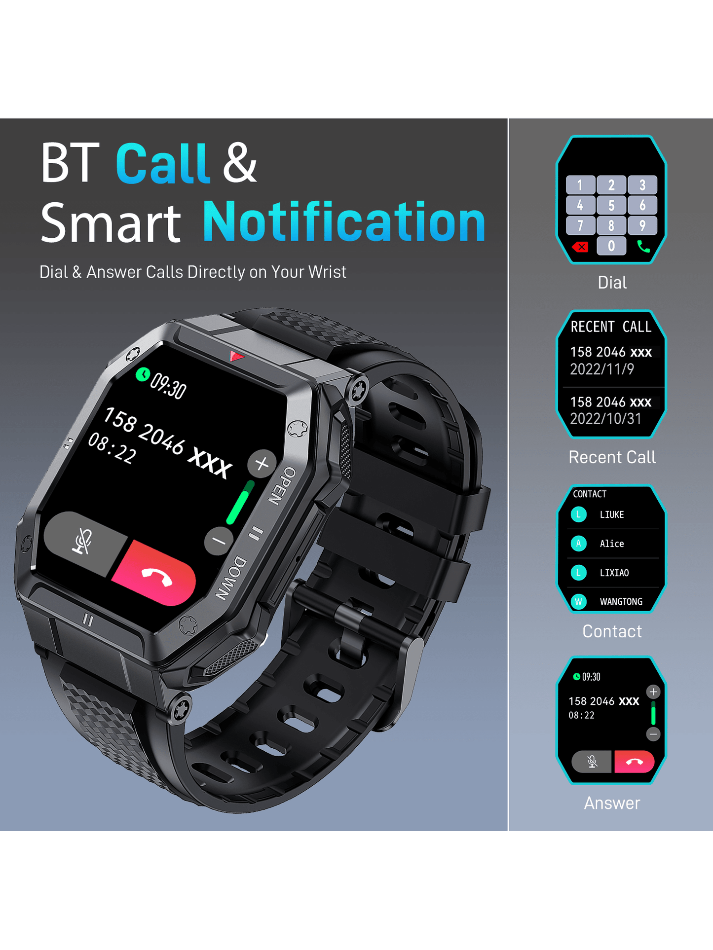 1pc Smart Watch for Men (Answer/Make Call) 1.85" Large Screen Outdoor Sports Smartwatch IP67 Waterproof Rugged Fitness Tracker Heart Rate Sleep Monitor Compatible with iPhone Android