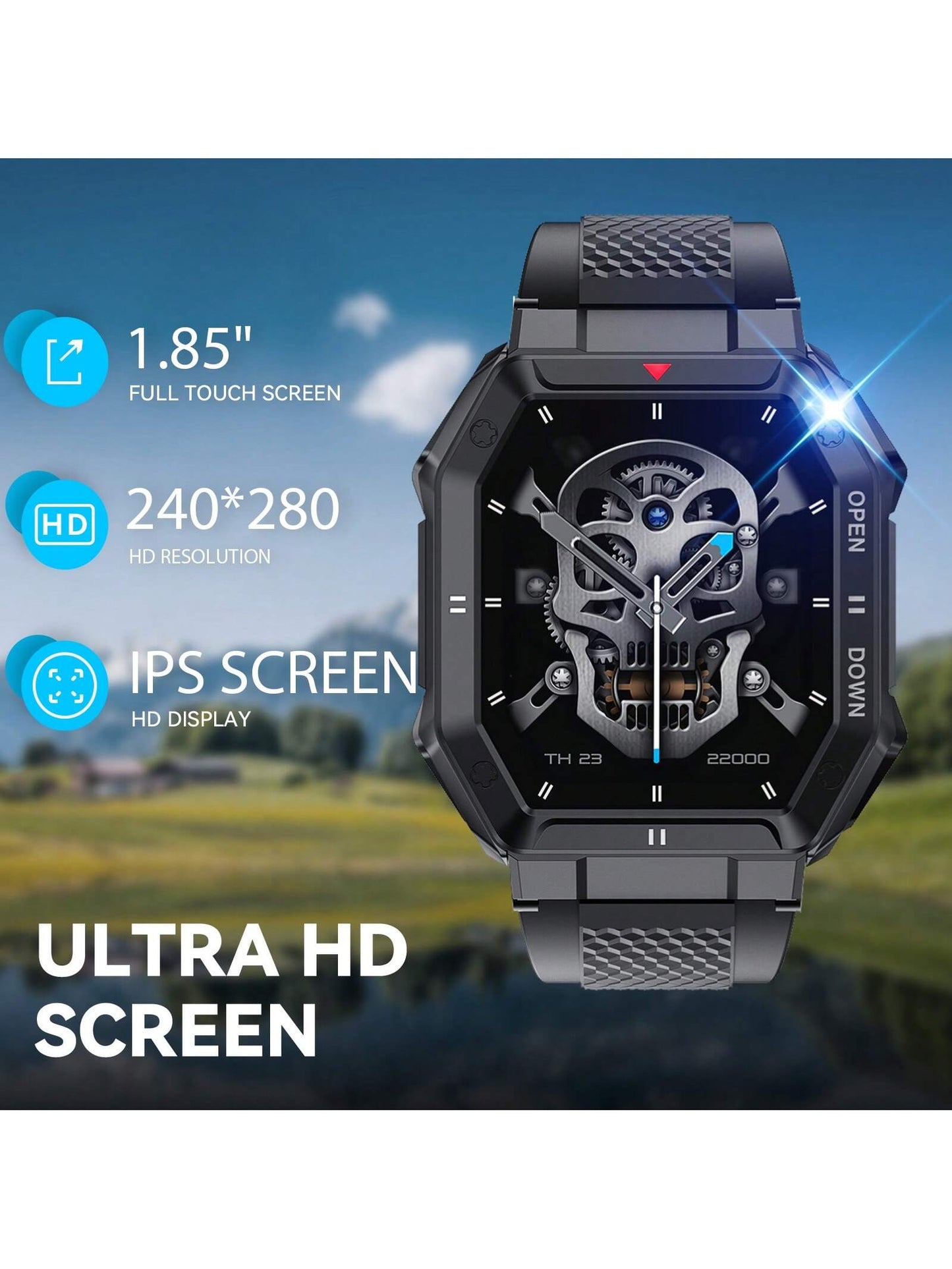 1pc Smart Watch for Men (Answer/Make Call) 1.85" Large Screen Outdoor Sports Smartwatch IP67 Waterproof Rugged Fitness Tracker Heart Rate Sleep Monitor Compatible with iPhone Android