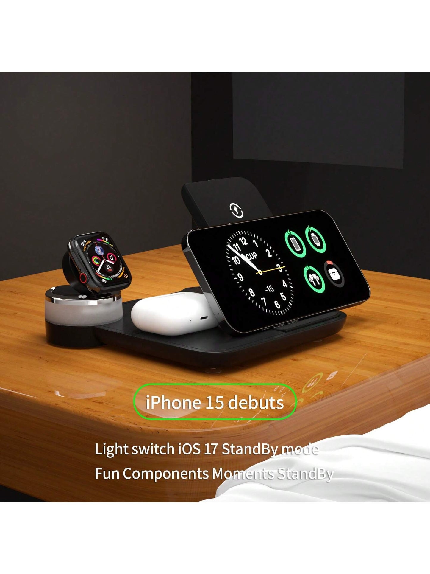 1pc White 3-in-1 Wireless Charger (15w), Foldable Colorful Ambient Light, Compatible With Phone, Smart Watch, Earbuds