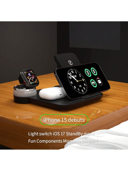 1pc Black 3-in-1 Wireless Charger (15w Fast Charge) With Foldable Multicolor Atmosphere Lamp For Mobile Phone, Smart Watch, Earphones