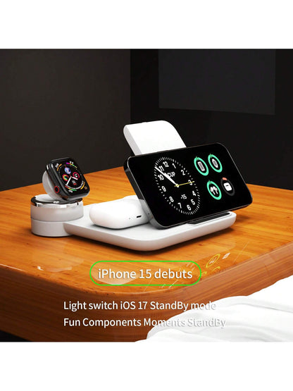 1pc White 3-in-1 Wireless Charger (15w), Foldable Colorful Ambient Light, Compatible With Phone, Smart Watch, Earbuds