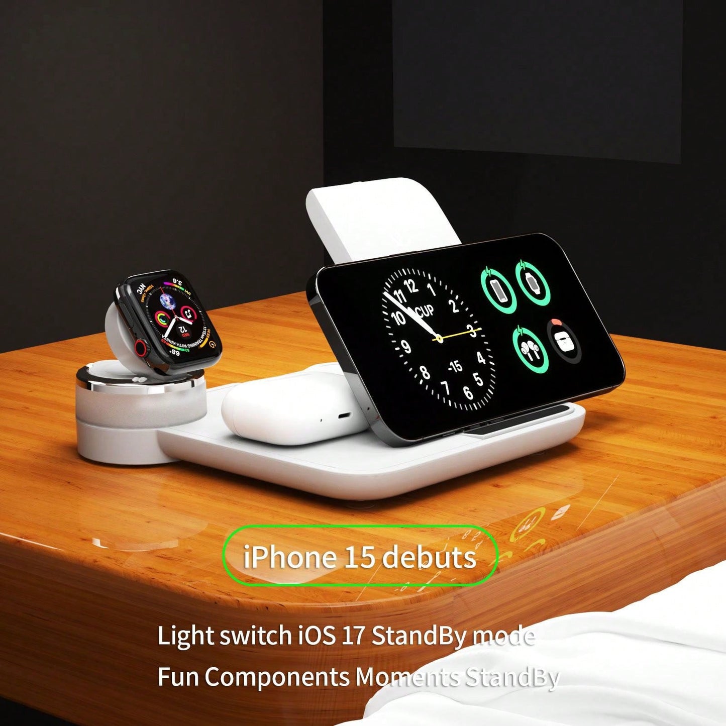 1pc White 3-in-1 Wireless Charger (15w), Foldable Colorful Ambient Light, Compatible With Phone, Smart Watch, Earbuds