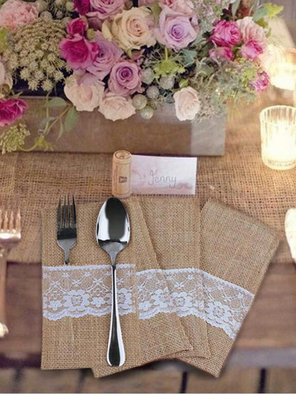 1pc Linen Lace Cutlery Pouch For Christmas Dinner, Wedding Party Decoration Diy