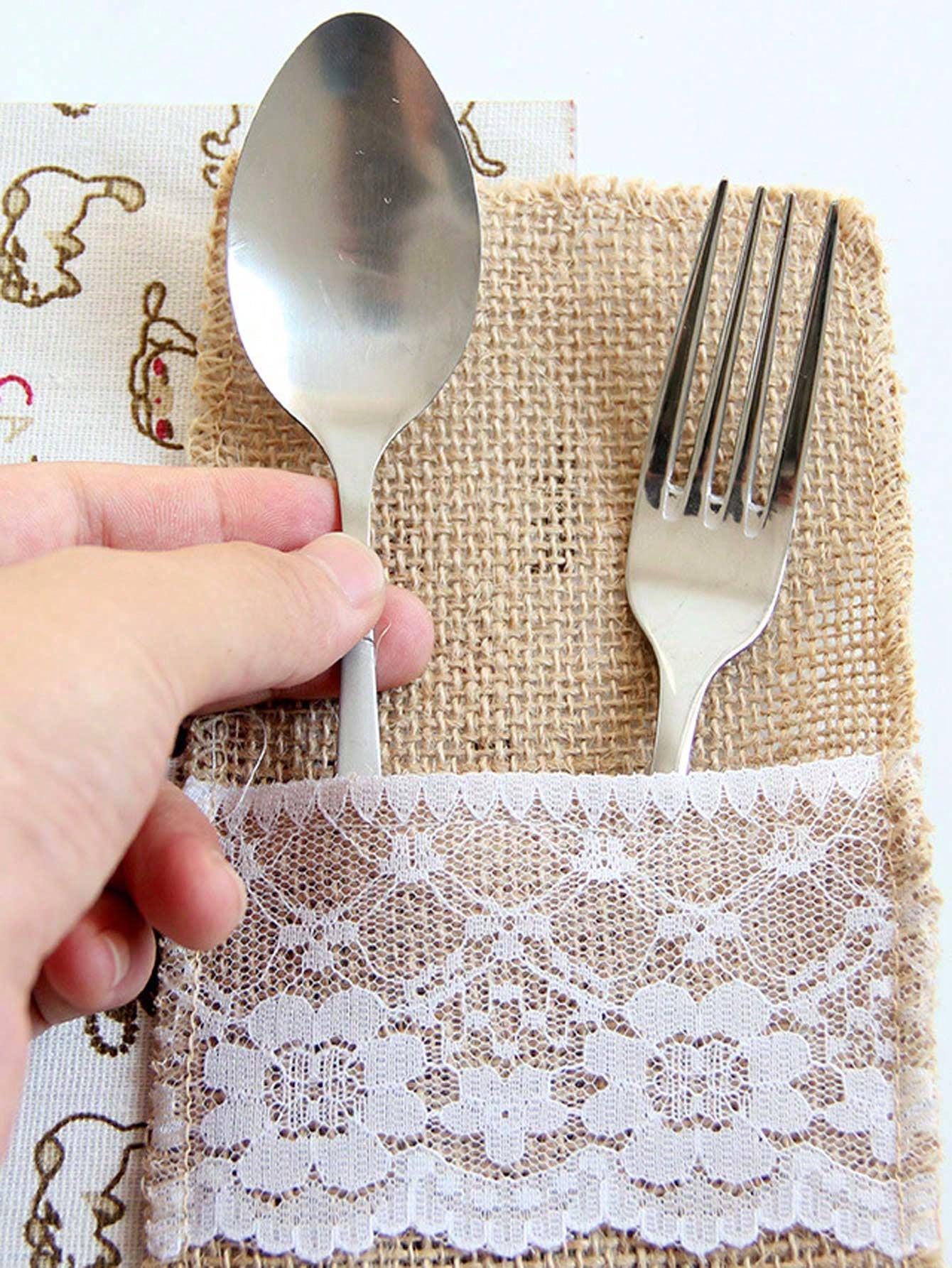 1pc Linen Lace Cutlery Pouch For Christmas Dinner, Wedding Party Decoration Diy