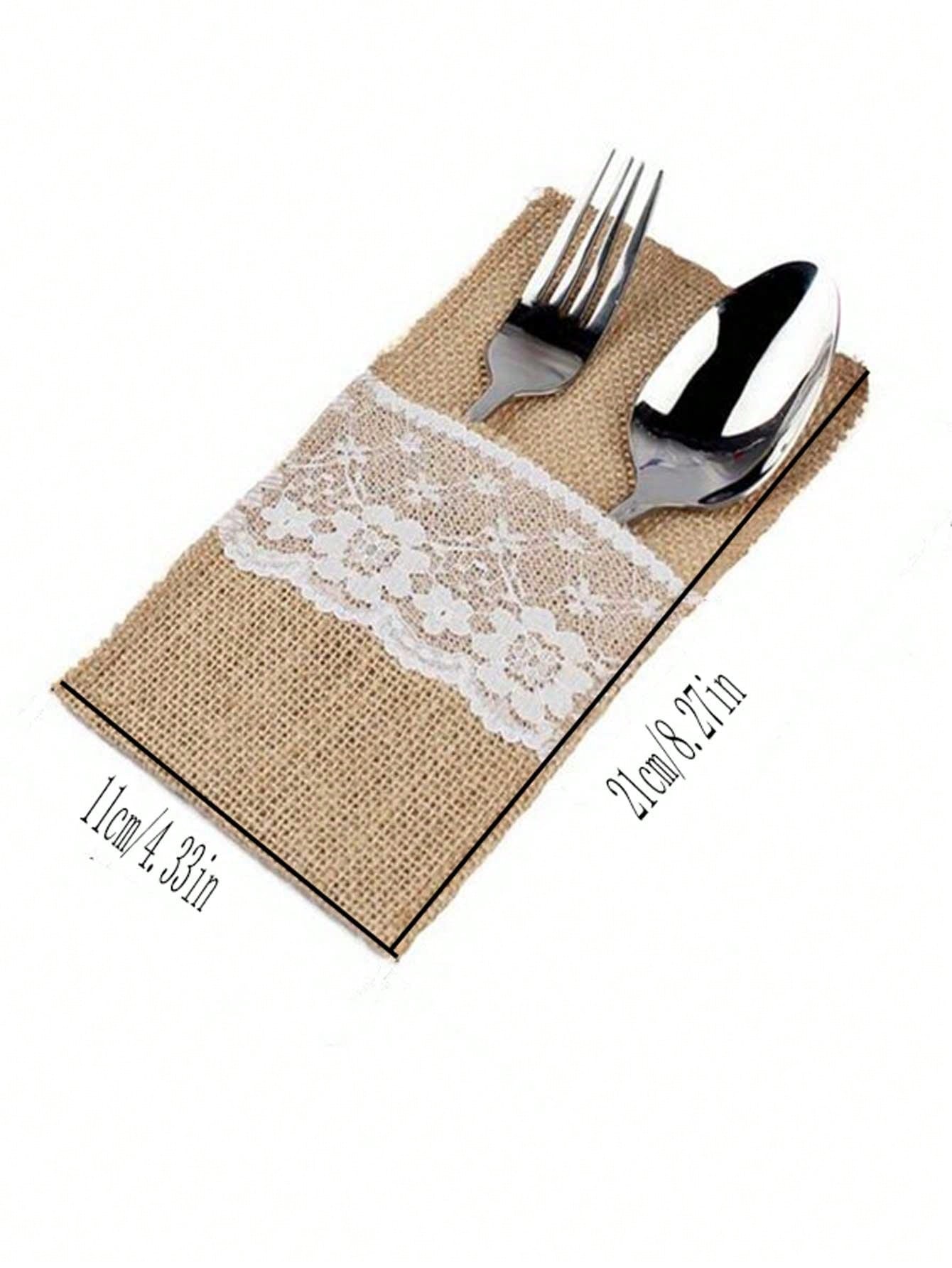 1pc Linen Lace Cutlery Pouch For Christmas Dinner, Wedding Party Decoration Diy