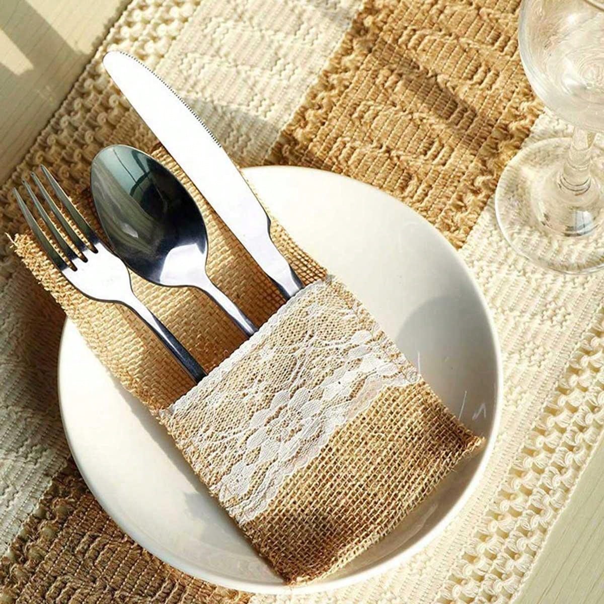 1pc Linen Lace Cutlery Pouch For Christmas Dinner, Wedding Party Decoration Diy