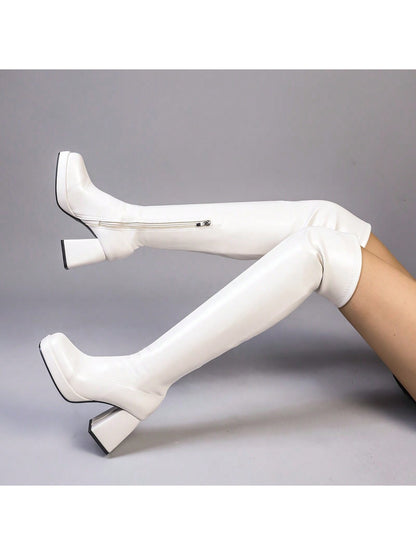 Fashionable High Heel Chunky Active Square Toe Over The Knee Boots