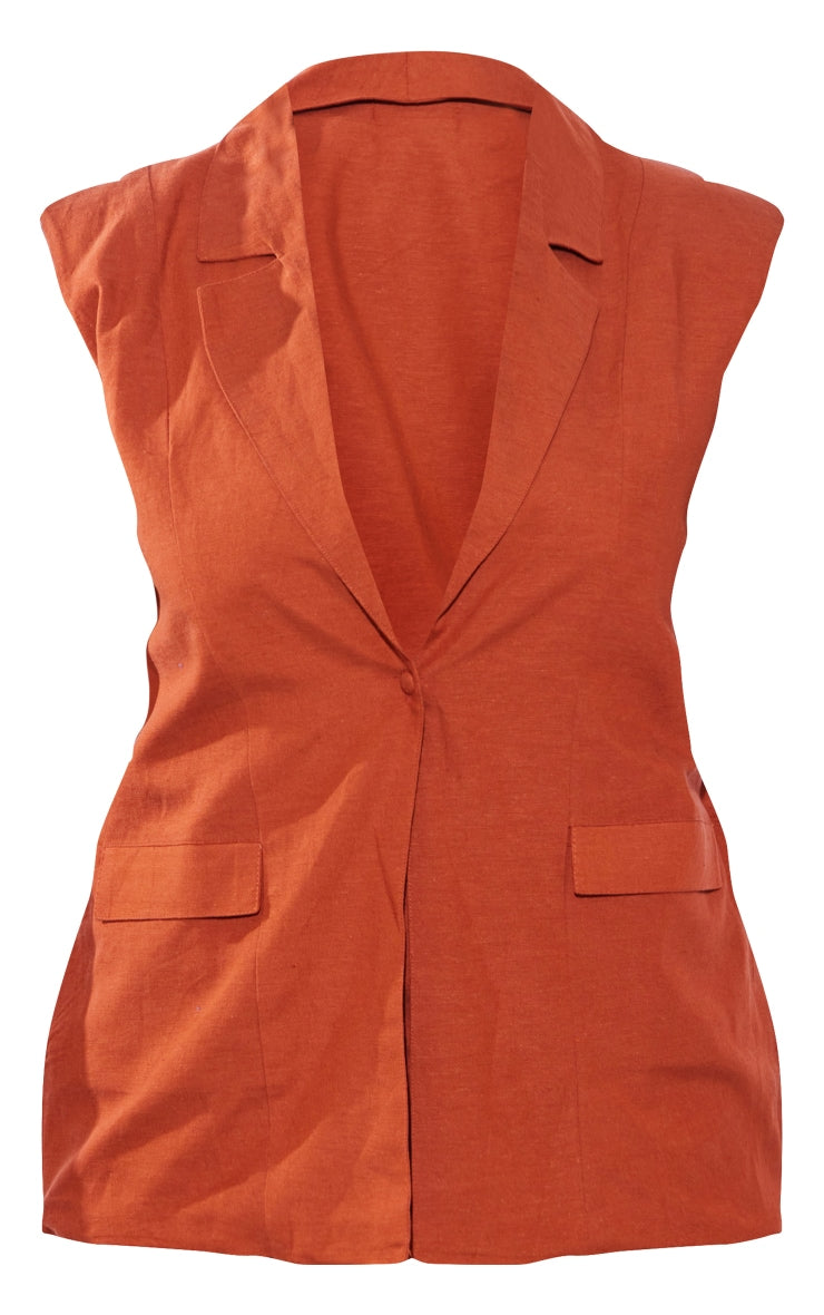 Plus Rust Linen Look Sleeveless Blazer