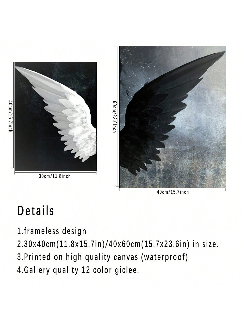 2pc, modern black and white Angel Wings canvas wall art painted posters 15.7*23.6in frameless