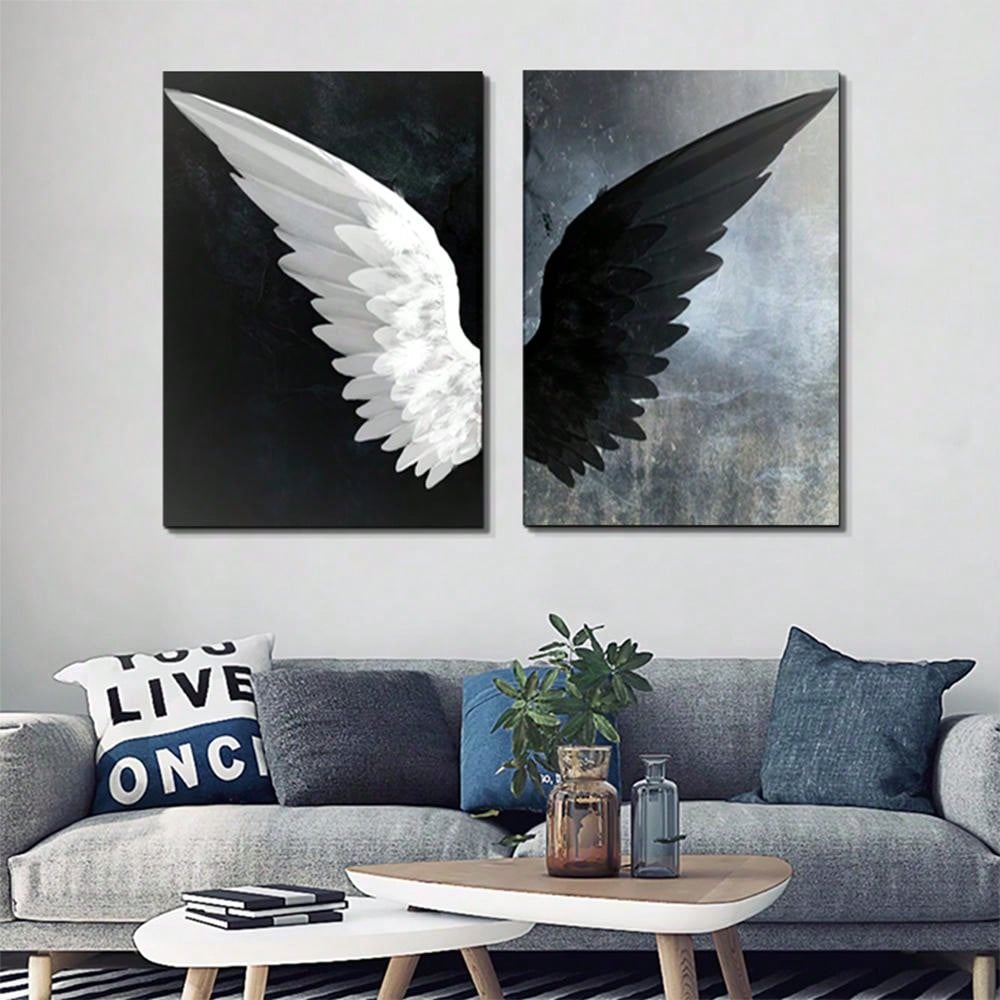 2pc, modern black and white Angel Wings canvas wall art painted posters 15.7*23.6in frameless