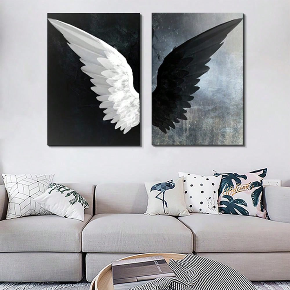 2pc, modern black and white Angel Wings canvas wall art painted posters 15.7*23.6in frameless