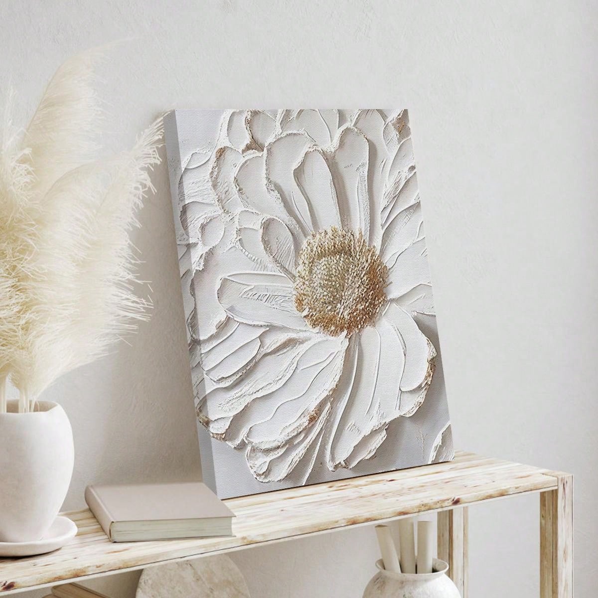 1pc Finished 3d White Flower Canvas Oil Painting