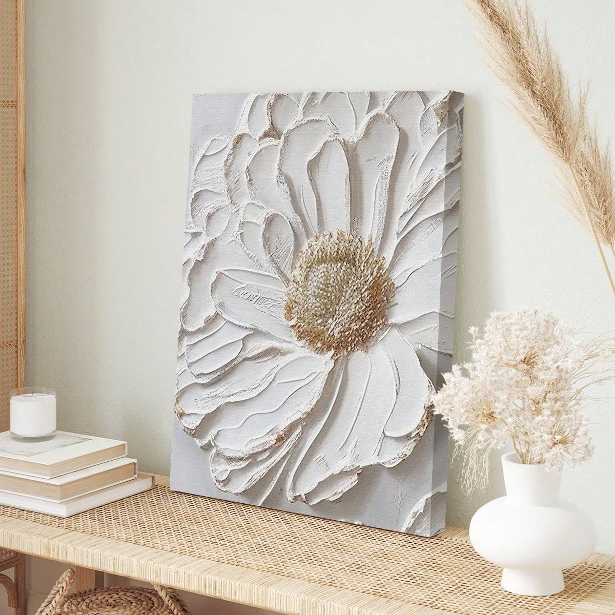 1pc Finished 3d White Flower Canvas Oil Painting