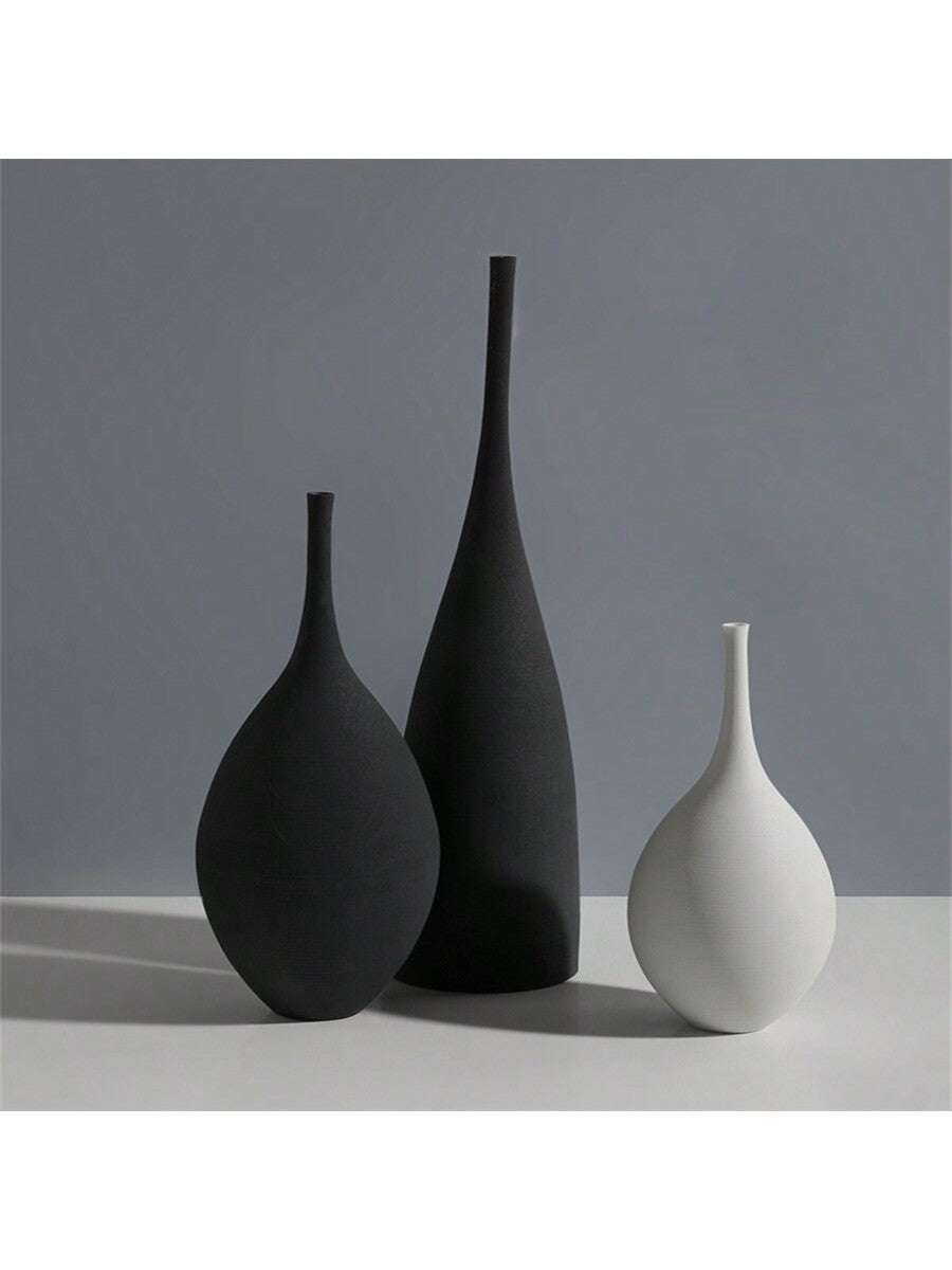 1pc, Creative Ceramic Black Handmade Textured Ceramic Vase