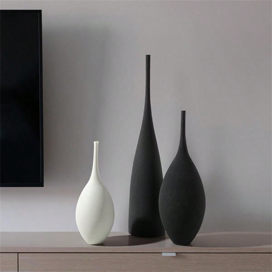 1pc, Creative Ceramic Black Handmade Textured Ceramic Vase