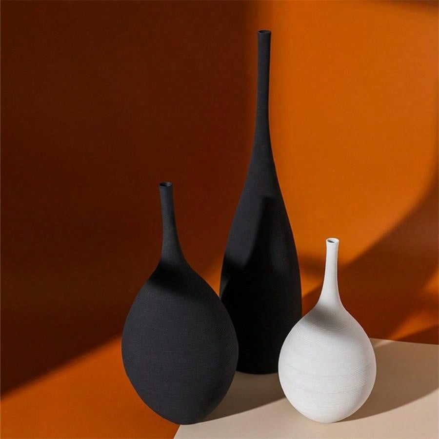 1pc, Creative Ceramic Black Handmade Textured Ceramic Vase