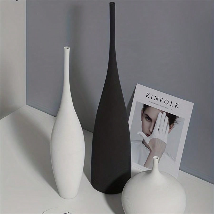 1pc, Creative Ceramic Black Handmade Textured Ceramic Vase