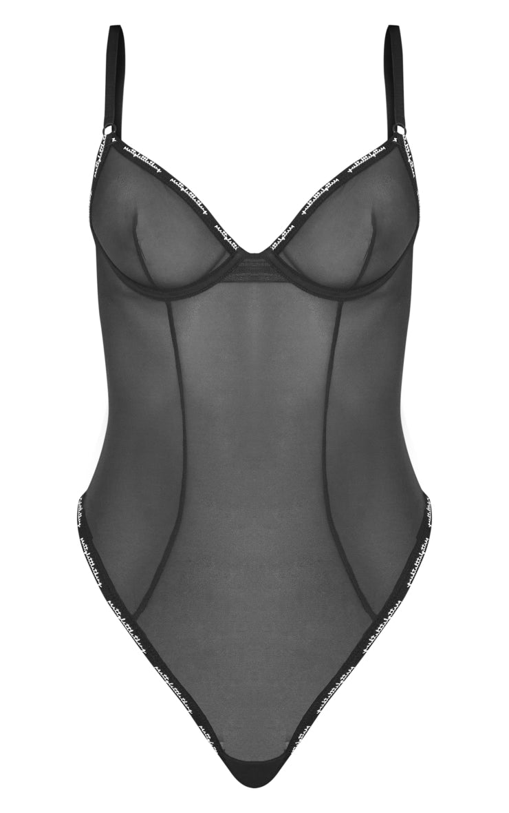 Black Tape Mesh Underwired Bodysuit