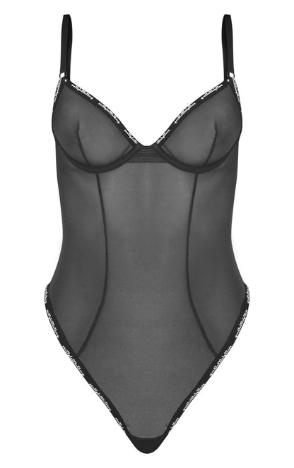 Black Tape Mesh Underwired Bodysuit