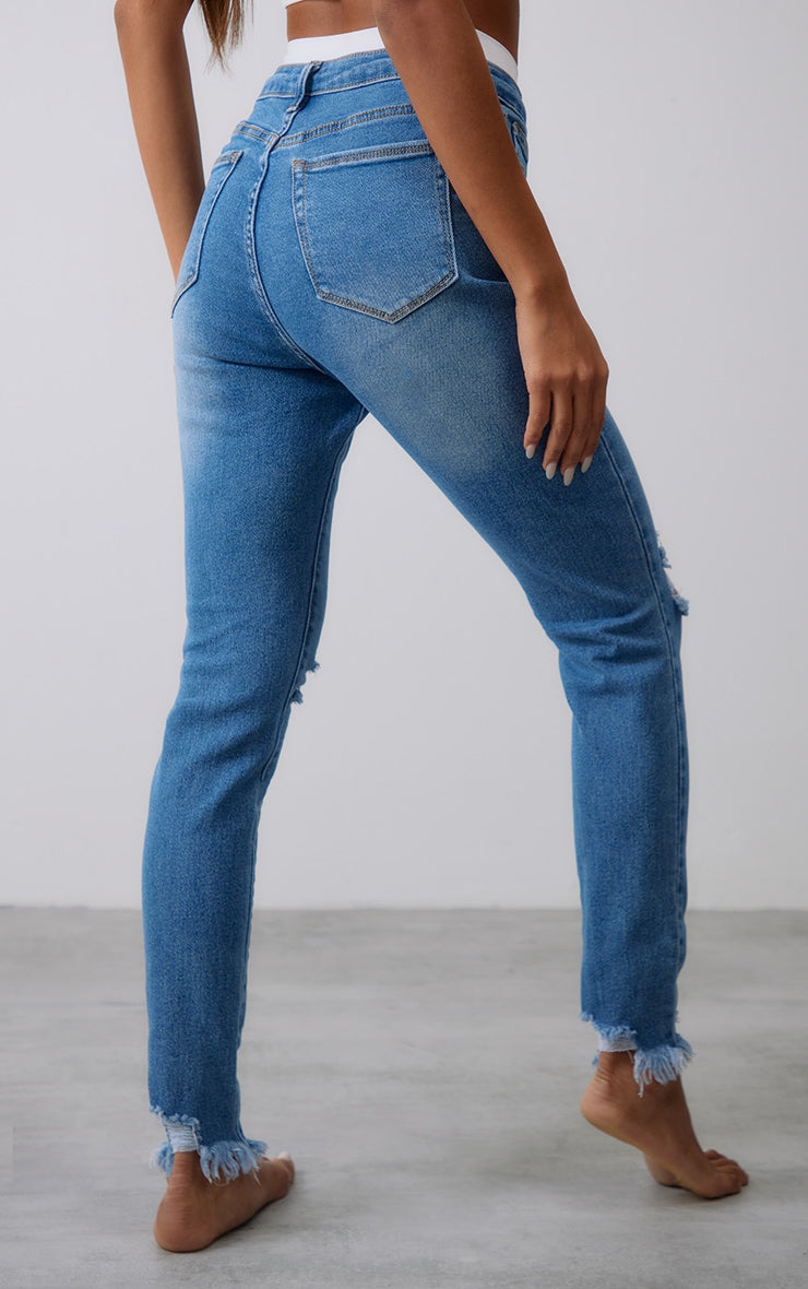 Mid Blue Wash Lyocell Stretch High Rise Distressed Skinny Jeans