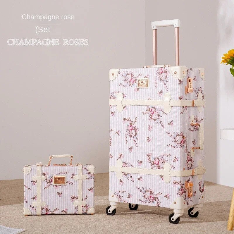 Retro Spinner Rolling Luggage Set for Travel Floral pattern