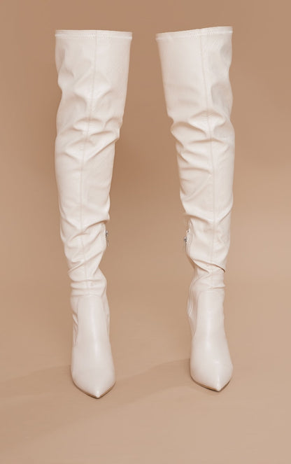 Cream Block Heel PU Thigh High Boots