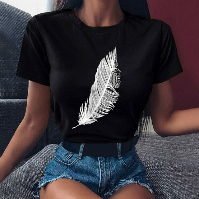 Women Casual Fashion T-shirt Feather Print Loose O-neck Short Sleeve Elastic Stretched Summer Home New Tee Shirt