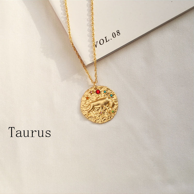 Gold Coin Disk Pendant Zodiac Necklace for Men Women