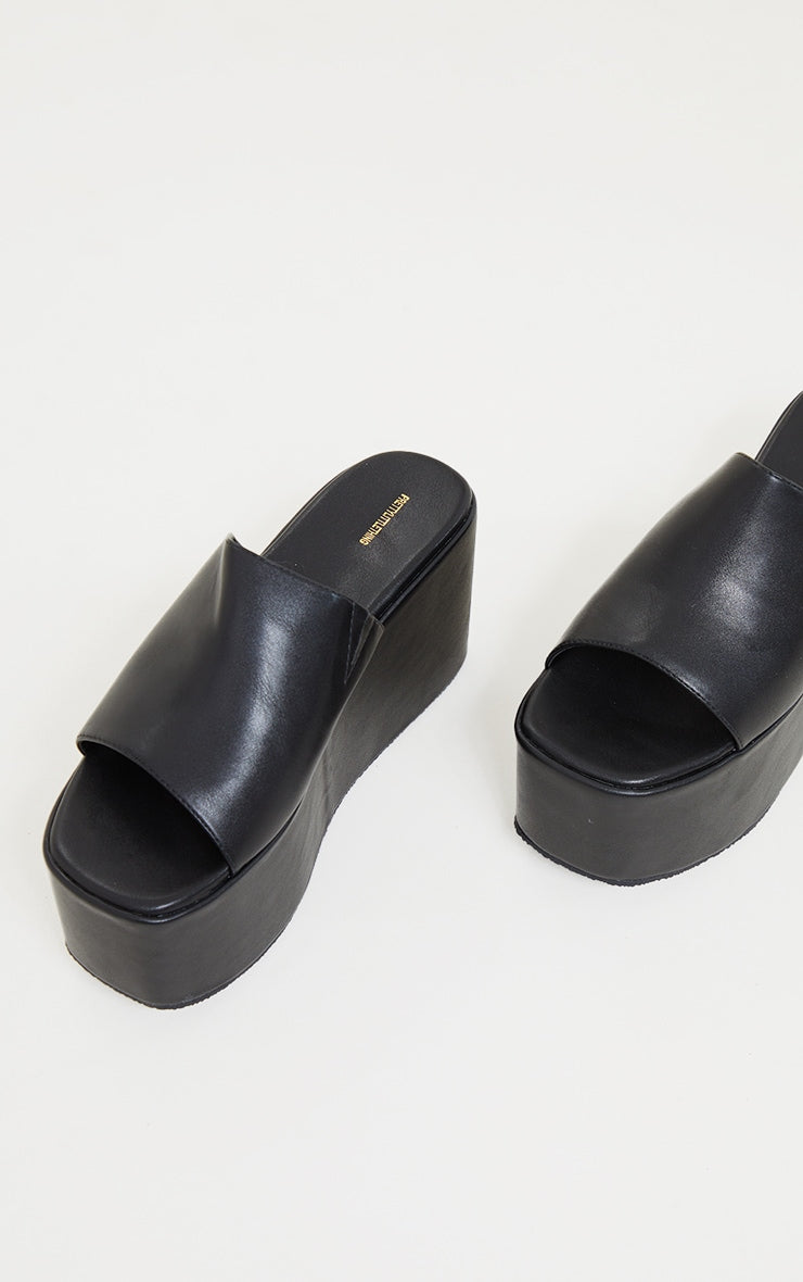 Black PU Square Toe Platform Mules