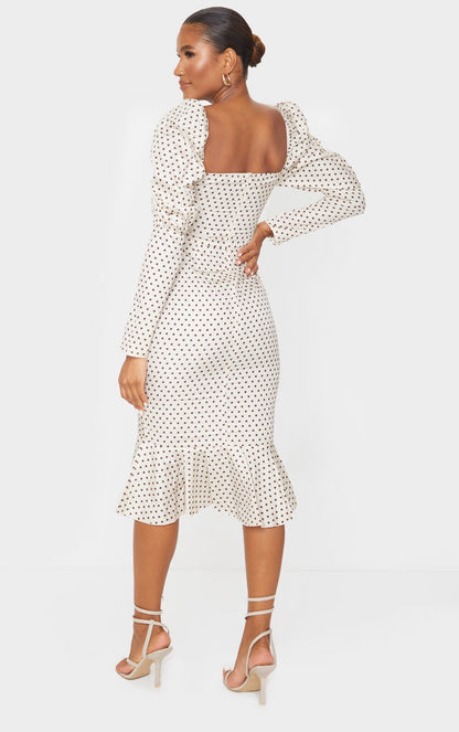 Nude Polka Dot Puff Sleeve Ruched Detail Frill Hem Midi Dress