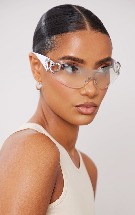 Clear Heart Diamante 90s Visor Sunglasses